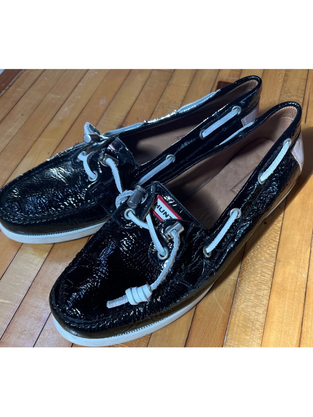 Women's Hunter Willemberg Patent Leather Boat Deck Shoes Loafers Black Sz 8